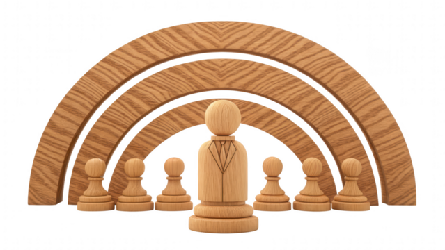 leadership community figure wooden unity concept. Stylized wooden chess pieces arranged in an arch formation.