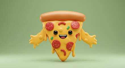 A happy slice of pepperoni pizza character with melting cheese and outstretched arms, on a soft green background