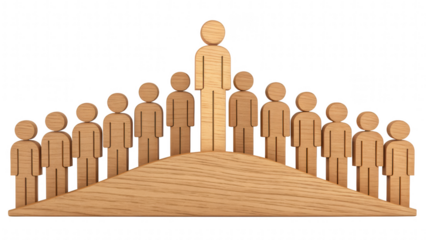 leadership community figure wooden unity concept. Leader among a group of wooden figures on a hill.