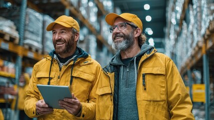 Fototapeta premium Smiling warehouse workers in yellow jackets review inventory on a tablet amidst modern storage shelves, conveying teamwork and efficiency