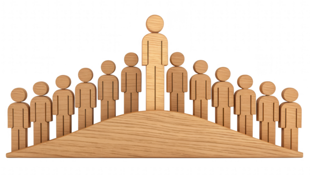 leadership community figure wooden unity concept. Leader among a group of wooden figures on a hill.