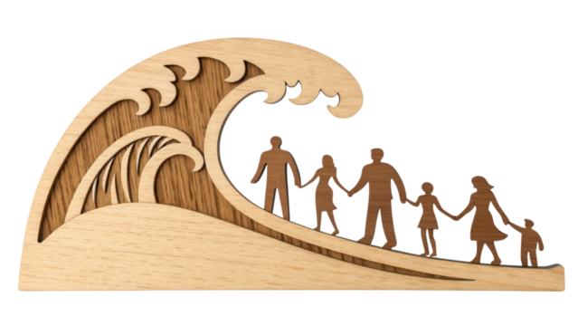 leadership community figure wooden unity concept. Wooden wave design with family silhouettes holding hands.