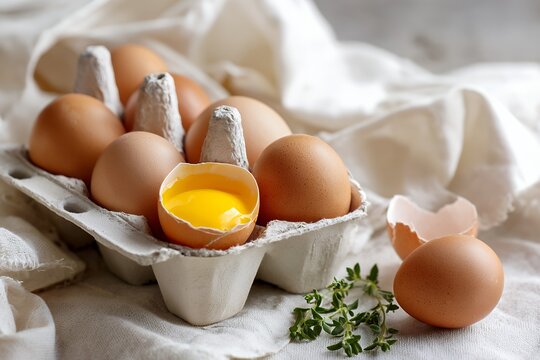 Fresh brown eggs in carton and cracked open with yolk on white fabric