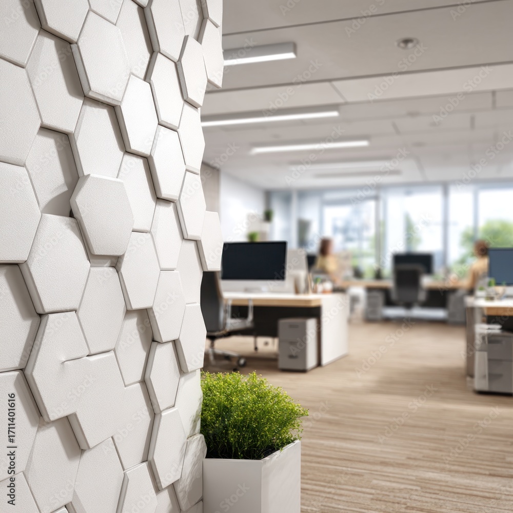 Poster modern office interior showcasing a distinctive wall design composed of hexagonal tiles, creating a 