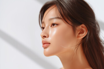 Naklejka premium 美しい顎のラインが際立つ女性の横顔ポートレート Beautiful Jawline in a Woman's Side Profile Beauty Portrait