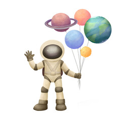 An isolated illustration of an astronaut with planets in his hands. Watercolor hand drawing for children on a white background.