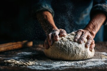 Baker's Hands Kneading Dough, Flour Dust, Dark Background