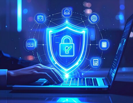 An illustration of cybersecurity showing hands typing on a laptop with a glowing holographic shield and padlock with a green check mark in the center. Surrounding the shield are digital icons such as 