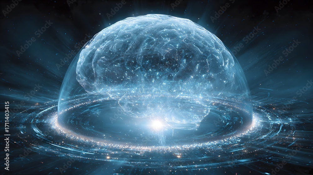 Aufkleber artificial intelligence brain inside a dome with glowing neural network and data stream concept