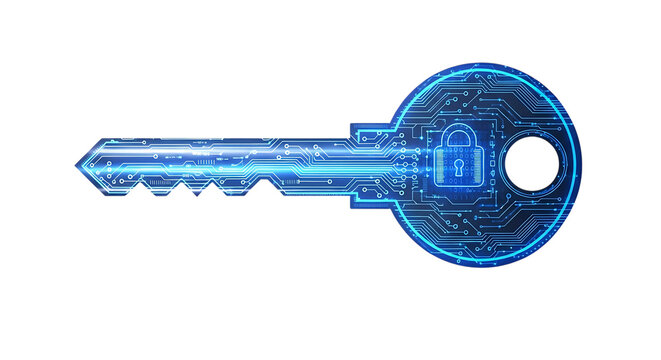 Blue glowing key shaped like a circuit board, symbolizing digital security and access.
