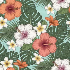 Vibrant tropical floral seamless pattern with hibiscus and plumeria blooms © Suroto