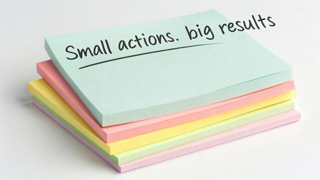 Inspirational message on sticky notes emphasizing small actions leading to significant results in personal development