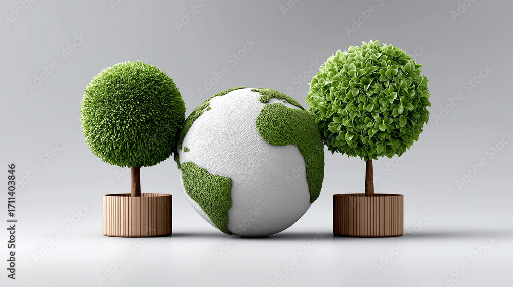 Poster green planet with globe and trees: a compelling visual of earth's environment protection.