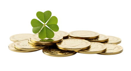 Close-up of gold coins with a four-leaf clover on top
