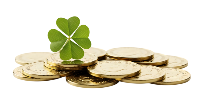 Close-up of gold coins with a four-leaf clover on top