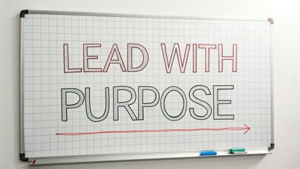 Inspirational message on a whiteboard emphasizing the importance of leadership and purpose in a professional environment