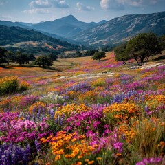 Vibrant wildflower superbloom blankets rolling hills with majestic mountains under a clear blue sky
