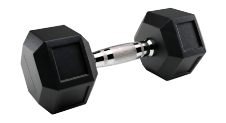 Hexagonal Black Dumbbell with Chrome Handle Isolated on Black Background
