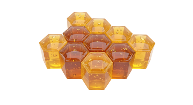 Honeycomb section with golden honey close-up, 3D render