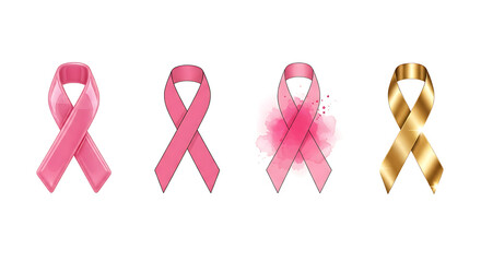 Pink and gold awareness ribbons collection. Breast cancer symbol. Shiny and matte styles. Watercolor pink background.