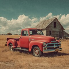 Fototapeta premium Iconic vintage red Chevrolet pickup truck parked in golden sunlit field beside rustic abandoned barn