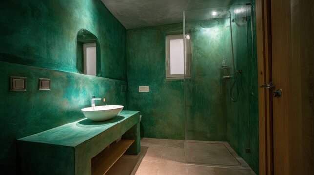 Luxurious Microcement Bathroom with Seamless Beige Green Walls and Floor