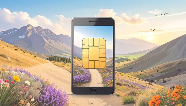 Mobile phone displaying SIM card against scenic landscape
