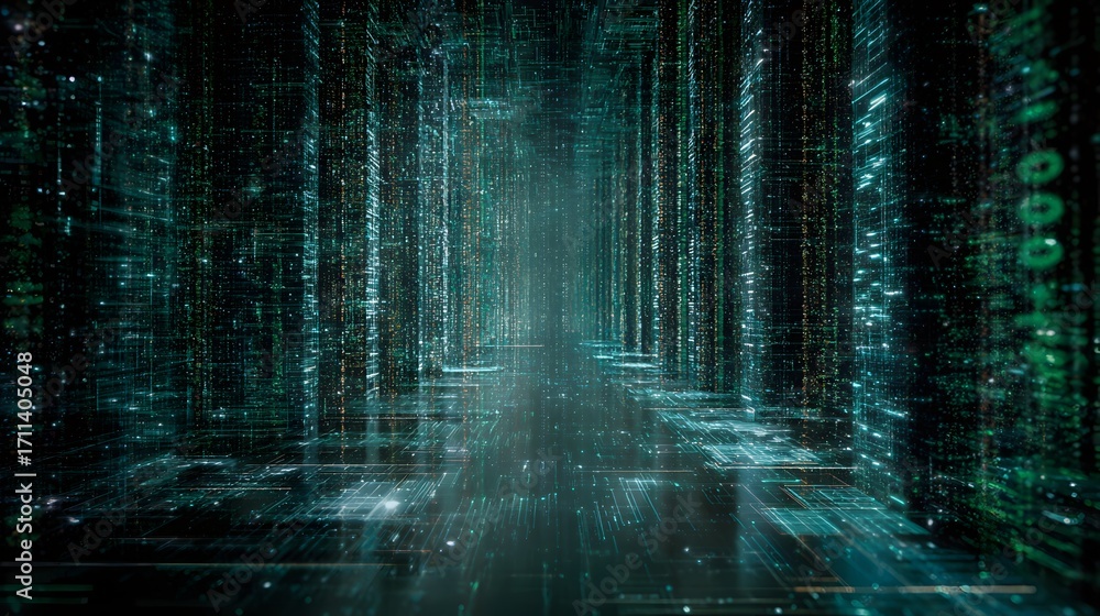 Poster Abstract digital corridor with glowing lines and data streams creating a futuristic and technological atmosphere