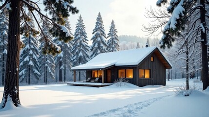 Naklejka premium Secluded Winter Cabin Retreat Amidst Snow-Covered Pines Offering Tranquil Escape