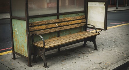 A worn wooden bench with metal supports sits in a bus shelter on a cracked sidewalk near a street with a yellow line