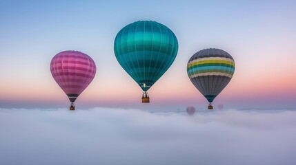 Fototapeta premium Colorful Hot Air Balloons Floating Above White Clouds During Beautiful Sunrise Sky