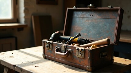 A weathered portable toolbox brimming with various hand tools rests on a rustic wooden surface, bathed in sunlight.