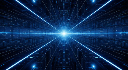 An immersive journey through a high-speed digital data tunnel with streams of blue light, a perfect depiction of rapid information flow and internet technology