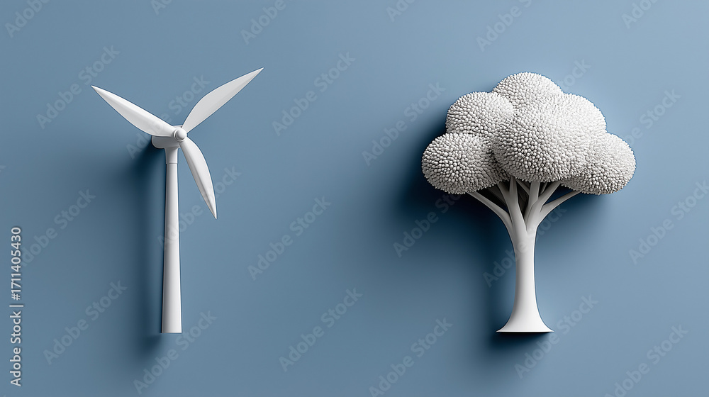 Poster wind turbine and tree: a symbolic image featuring a minimalist wind turbine and a stylized tree, bot