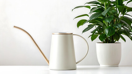 white jug and a green plant