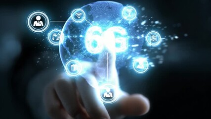 Vision of the Future: A digital hand interacts with a glowing 6G network over a holographic globe, envisioning the technological advancement and the communication. - Powered by Adobe