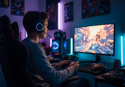 Focused gamer immersed in action video game, illuminated by neon lighting