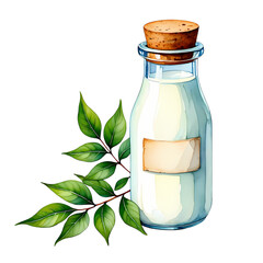 White Liquid Bottle & Green Leaves on transparent background