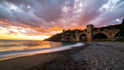 Dramatic sunset over a coastal town
