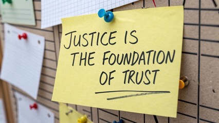 Inspirational Note on Justice and Trust Highlighted on a Corkboard with Colorful Pins and Graph Paper Background