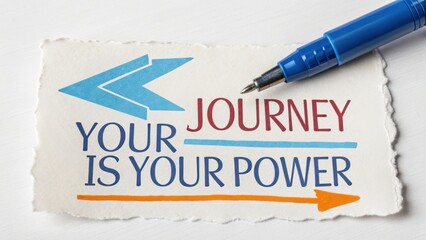 Inspirational quote about personal growth with colorful text and a blue pen on white textured background