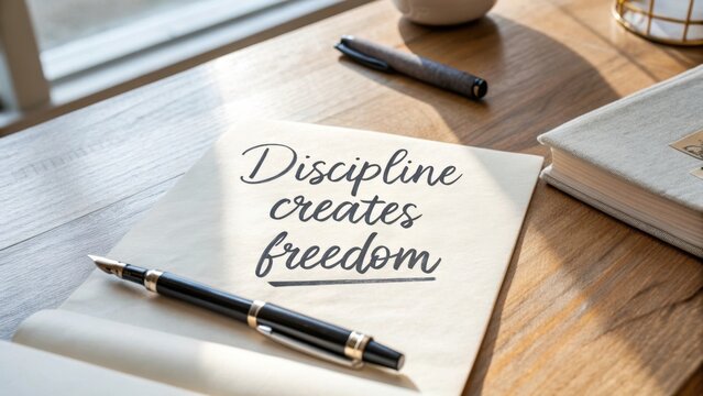Inspirational quote on discipline and freedom written on notepad in a bright workspace with elegant stationery items