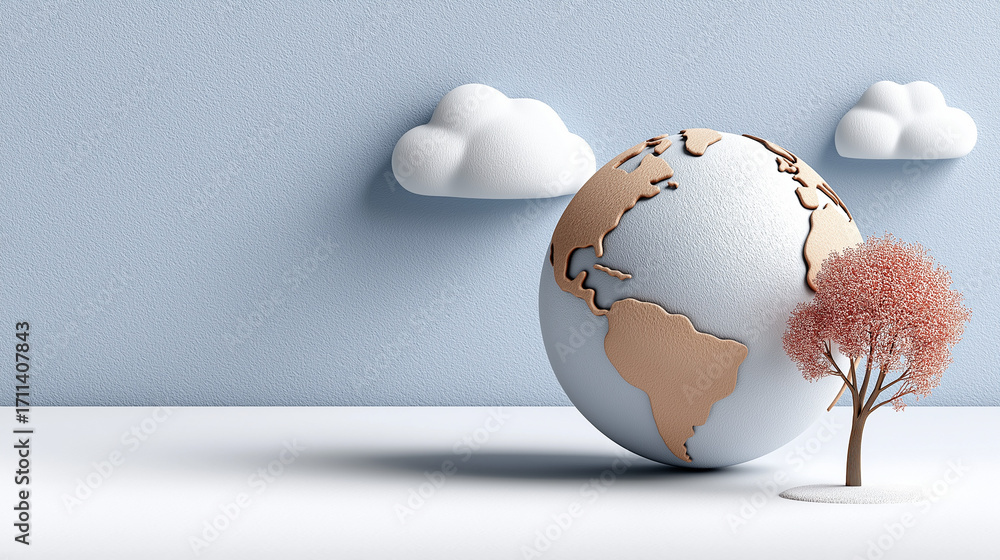 Poster sustainable earth: a 3d rendering features a globe, delicately adorned with a tree and fluffy clouds