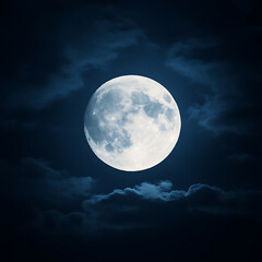 Obraz premium Bright full moon illuminates night sky, surrounded by soft clouds, creating serene atmosphere under beautiful weather conditions