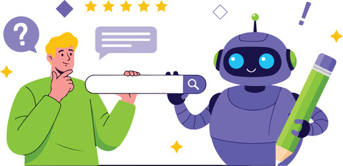 Man and robot with feedback and rating isolated on white background for customer service
