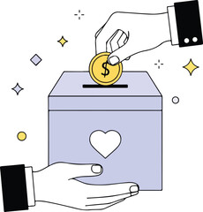 Hand putting coin in donation box isolated on white background