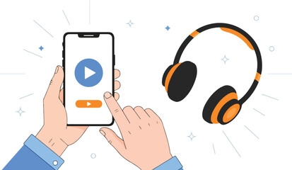 Hands holding smartphone with play button and headphones isolated on white background