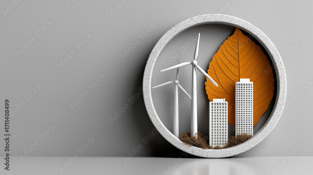 Poster renewable energy concept: a visually striking composition featuring a leaf, windmills, and building 