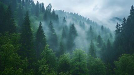 Obraz premium Lush green trees rise majestically in misty weather conditions, creating serene and tranquil atmosphere in forest landscape