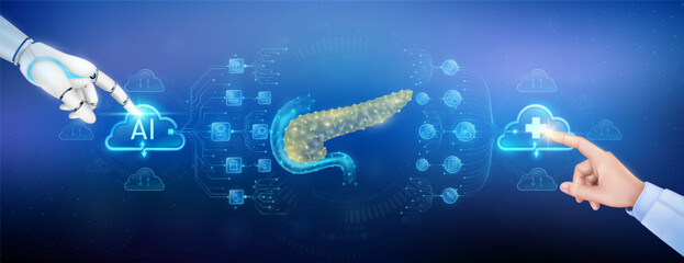 Doctor finger and robot touching plus sign and AI in clouds. Pancreas organ translucent polygon with medical network icons. Cyborg human collaboration. Health care technology digital. Banner vector.